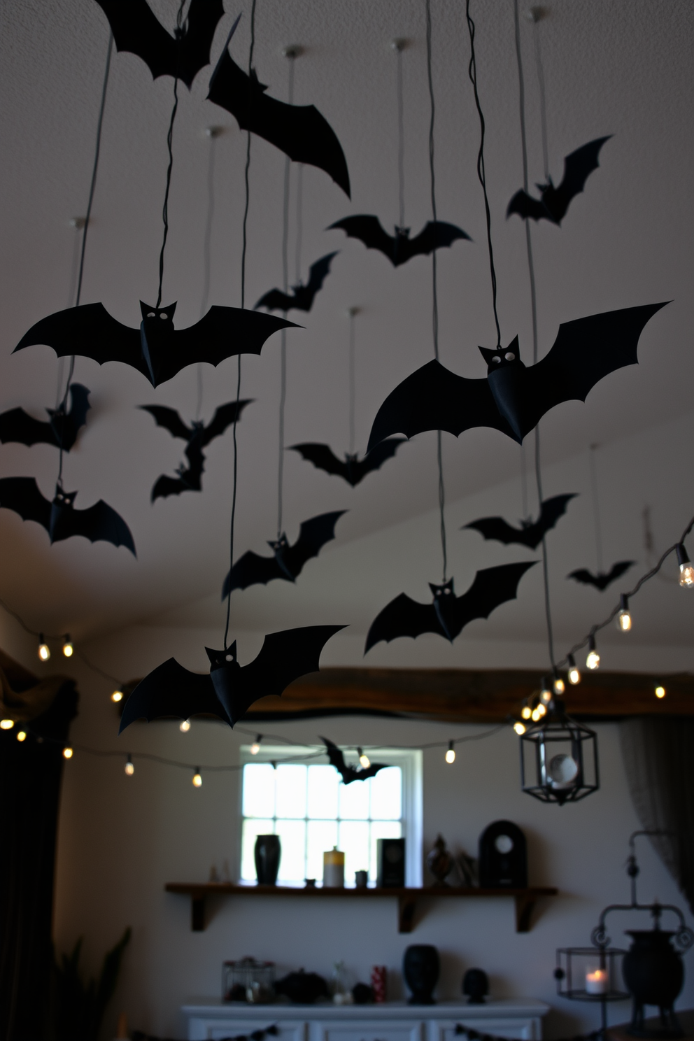 Create a dramatic Halloween loft setting with hanging bats suspended from the ceiling. The bats are crafted from black paper and vary in size, casting playful shadows on the walls. Incorporate soft ambient lighting to enhance the eerie atmosphere, with string lights wrapped around exposed beams. Use a mix of dark textiles and seasonal decor to complete the festive look.