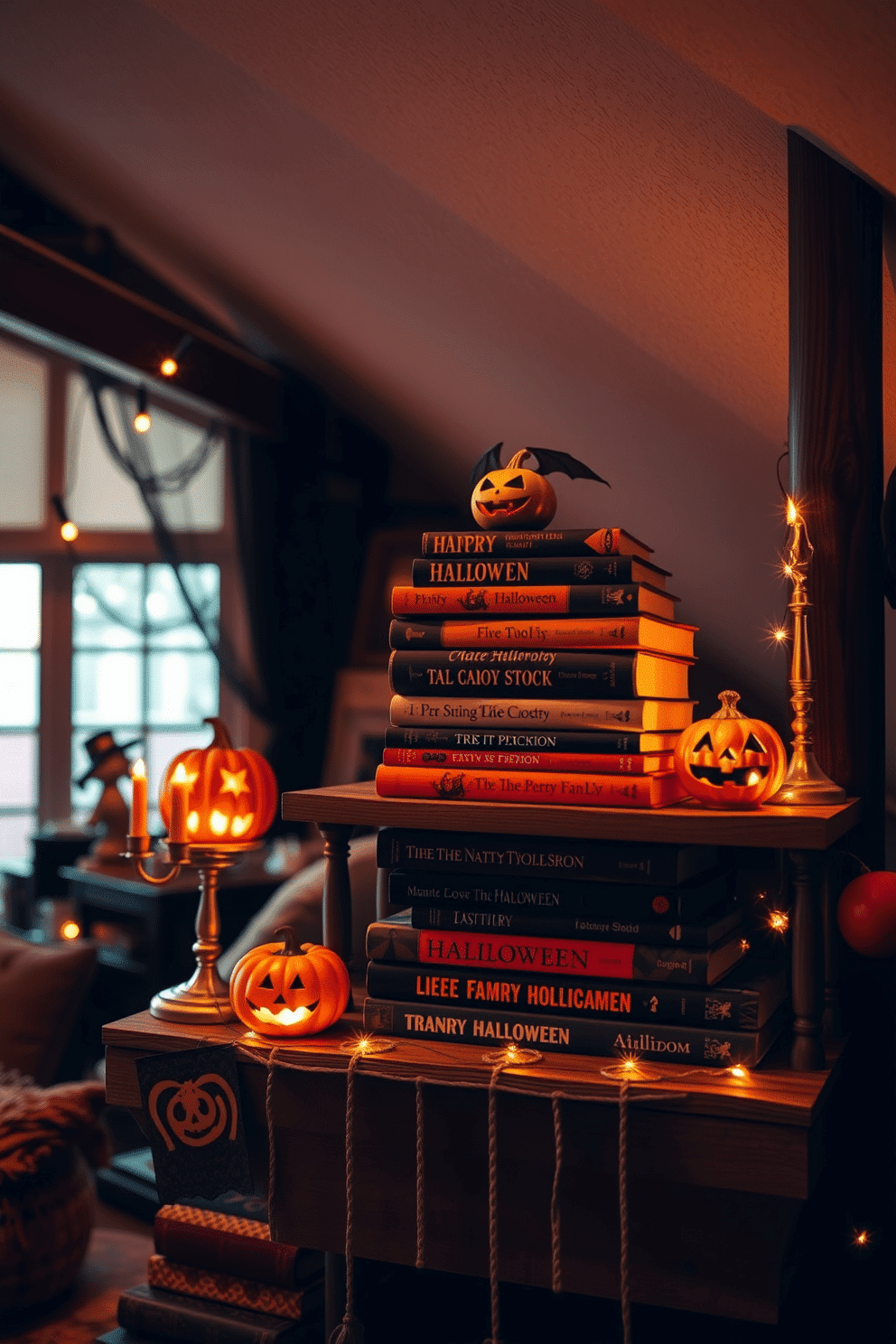 A cozy loft space decorated for Halloween features a collection of Halloween-themed books stacked decoratively on a rustic wooden shelf. The warm lighting casts a soft glow on the books, enhancing the festive atmosphere with touches of orange and black throughout the room.