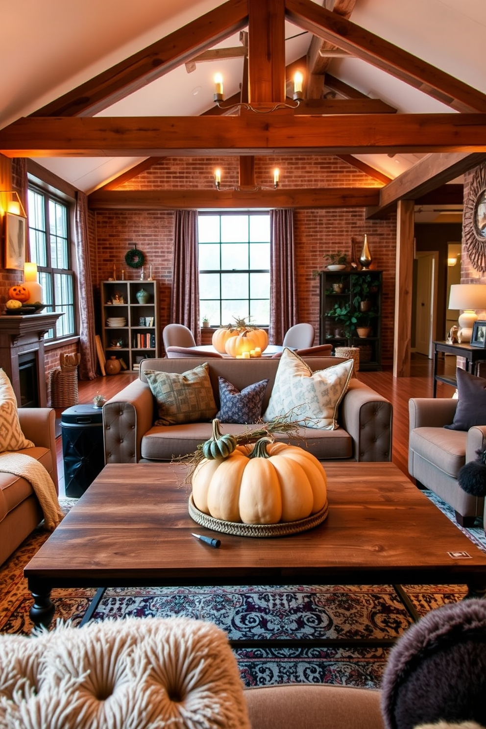 A cozy loft living room adorned with a pumpkin centerpiece on the coffee table. The space features warm lighting, rustic wooden beams, and plush seating to create an inviting atmosphere for Halloween.