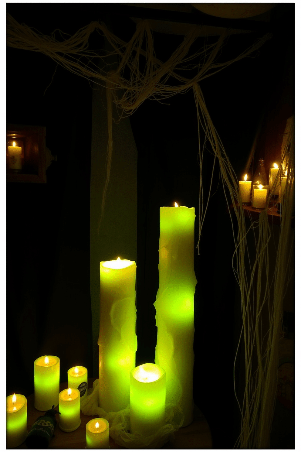 A spooky loft setting adorned with creepy candles that emit an eerie glow from flickering LED lights. The walls are draped with dark, tattered fabric, and cobwebs stretch across the corners, enhancing the Halloween atmosphere.