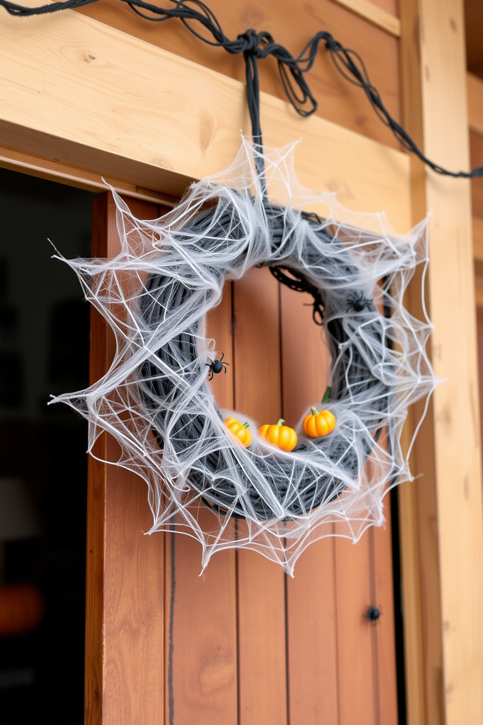 A whimsical Halloween loft setting featuring a wreath made of faux spider webs. The wreath is adorned with miniature plastic spiders and small pumpkins, hanging prominently on a rustic wooden door.