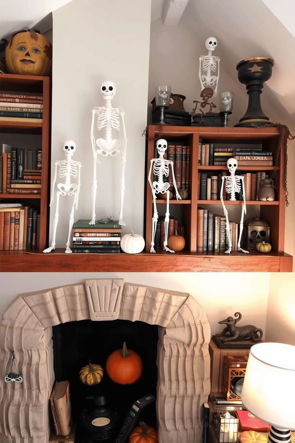 A cozy loft space decorated for Halloween features vintage skeletons artfully arranged on rustic wooden bookshelves. The shelves are filled with an eclectic mix of old books, autumnal decor, and spooky accents, creating a playful yet sophisticated atmosphere.