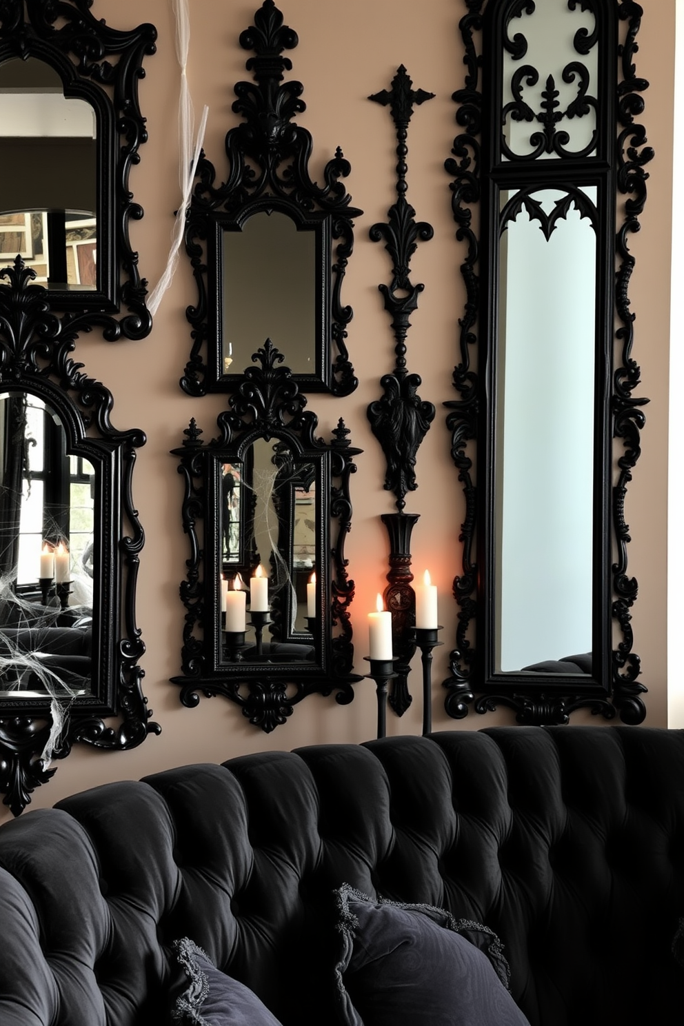 A collection of ornate Gothic-style mirrors adorns the walls, each featuring intricate carvings and dark, moody finishes. The reflections in the mirrors create an eerie ambiance, enhancing the Halloween spirit throughout the loft. Creepy decorations such as cobwebs and flickering candlelight complement the mirrors, casting shadows that dance across the room. Plush, deep-colored furnishings provide a cozy yet haunting atmosphere, perfect for Halloween gatherings.