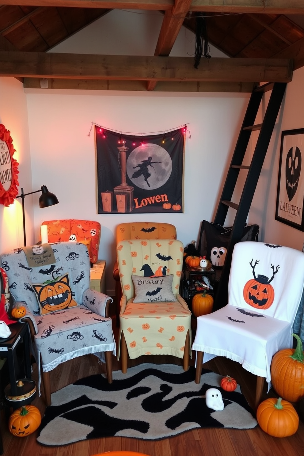 Create a cozy loft space decorated for Halloween. The room features mismatched chairs adorned with festive Halloween-themed covers, each showcasing unique patterns and colors that celebrate the spooky season. Surround the chairs with autumnal decor, including pumpkins and ghostly accents. Soft lighting enhances the atmosphere, casting a warm glow over the playful and inviting space.