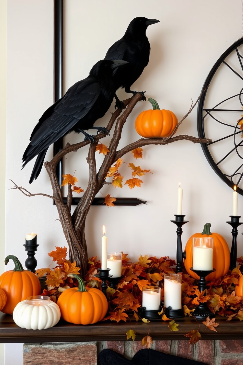 A cozy Halloween mantel adorned with spooky black crows perched on rustic wooden branches. Bright orange pumpkins of varying sizes are strategically placed among autumn leaves and flickering candle holders to create an inviting yet eerie atmosphere.