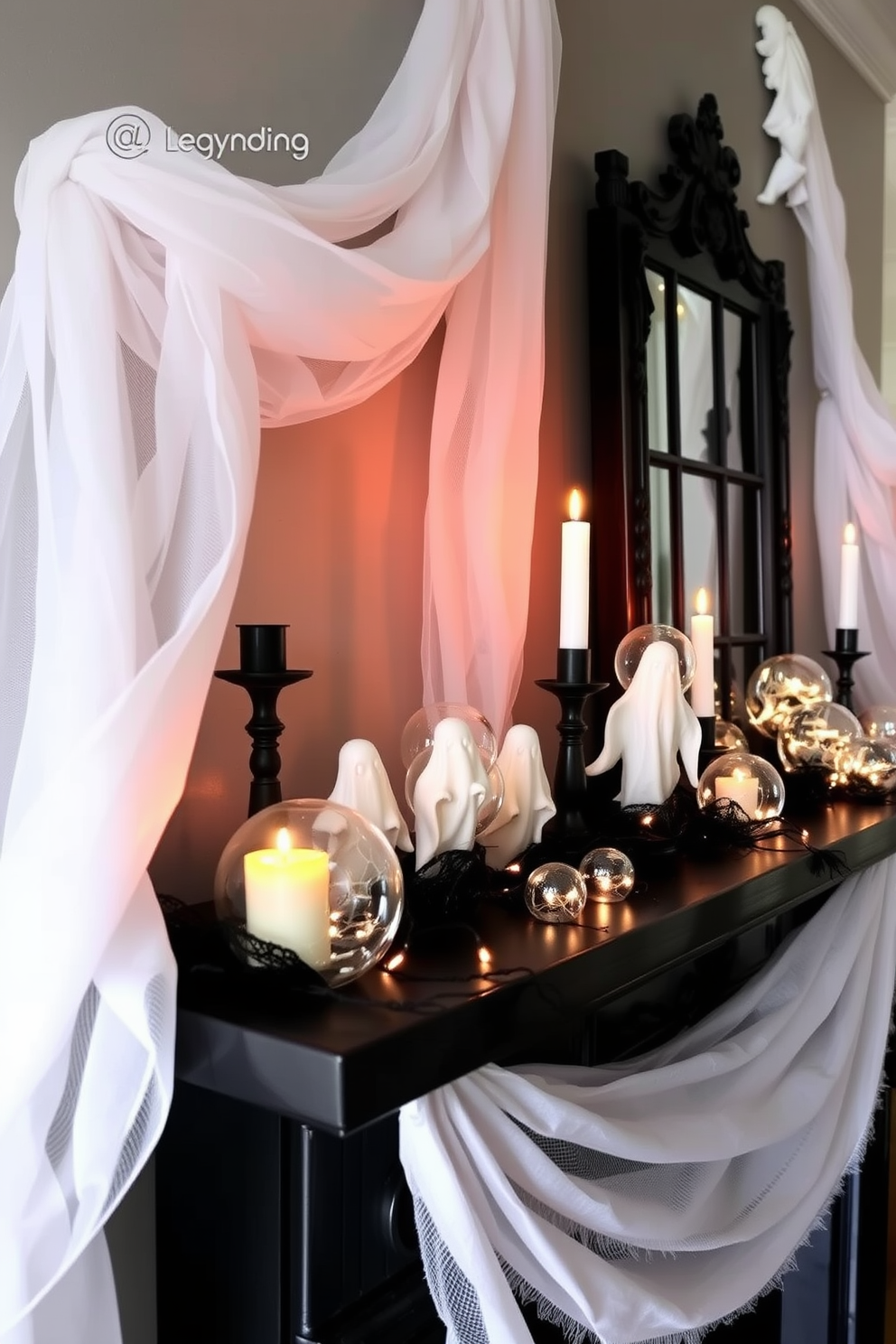 A hauntingly beautiful Halloween mantel features an array of ghostly decorations that create an eerie yet elegant atmosphere. Wispy white fabric drapes down from the mantel, giving the illusion of floating spirits, while strategically placed candles flicker softly, casting shadows that dance across the wall. Delicate glass orbs filled with faux cobwebs and tiny LED lights are interspersed among the decor, adding a touch of whimsy to the haunting theme. A collection of vintage-style ghost figurines sits atop the mantel, each uniquely designed to evoke a sense of playful spookiness.