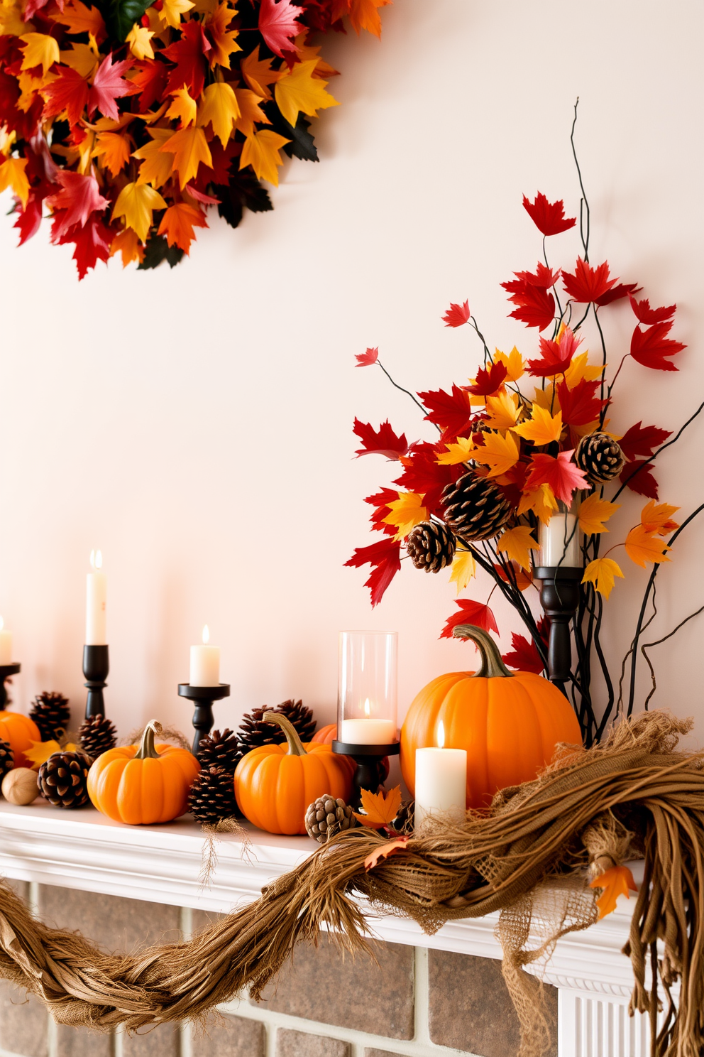 A cozy Halloween mantel featuring an arrangement of autumn leaves and pinecones. The mantel is adorned with small pumpkins, flickering candles, and a rustic garland that complements the seasonal theme.