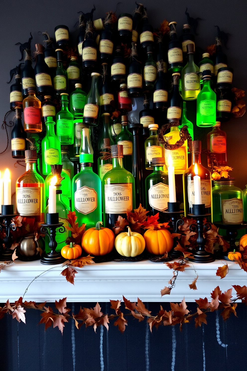 A captivating Halloween mantel adorned with clusters of mysterious potion bottles in various shapes and sizes. The bottles are filled with colorful liquids and labeled with whimsical names, creating an enchanting atmosphere. Surrounding the potion bottles are autumn-themed decorations, including small pumpkins and dried leaves. Flickering candles in ornate holders add a warm glow, enhancing the spooky yet inviting vibe of the mantel.