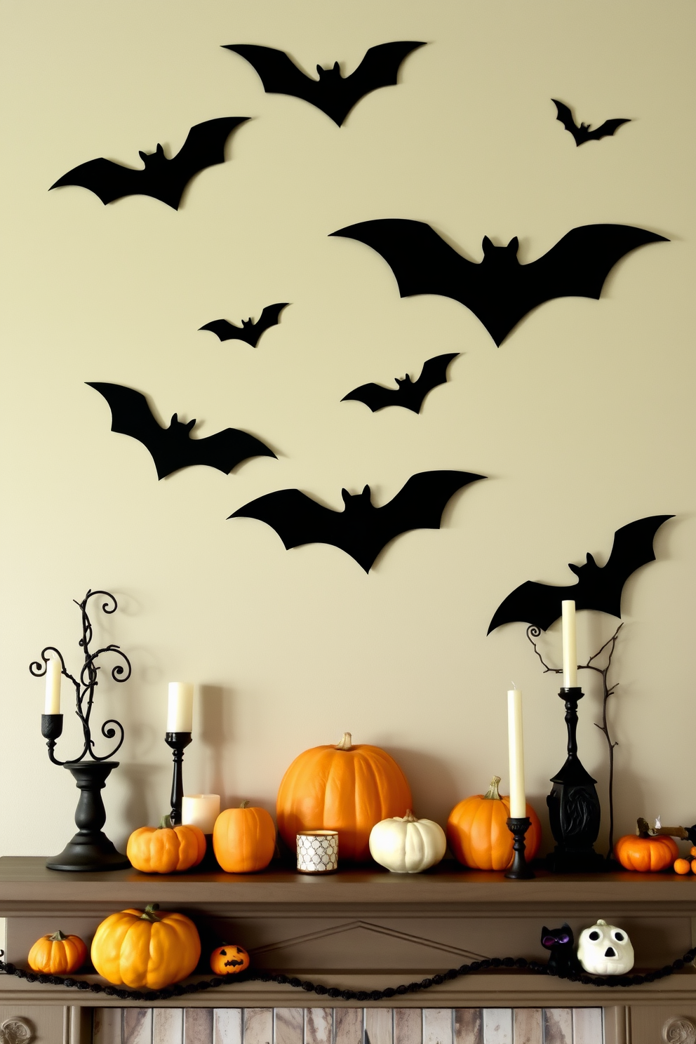 A whimsical Halloween mantel features playful bat silhouettes gracefully adorning the wall. The mantel is decorated with an assortment of pumpkins, candles, and spooky accents that create a festive atmosphere.