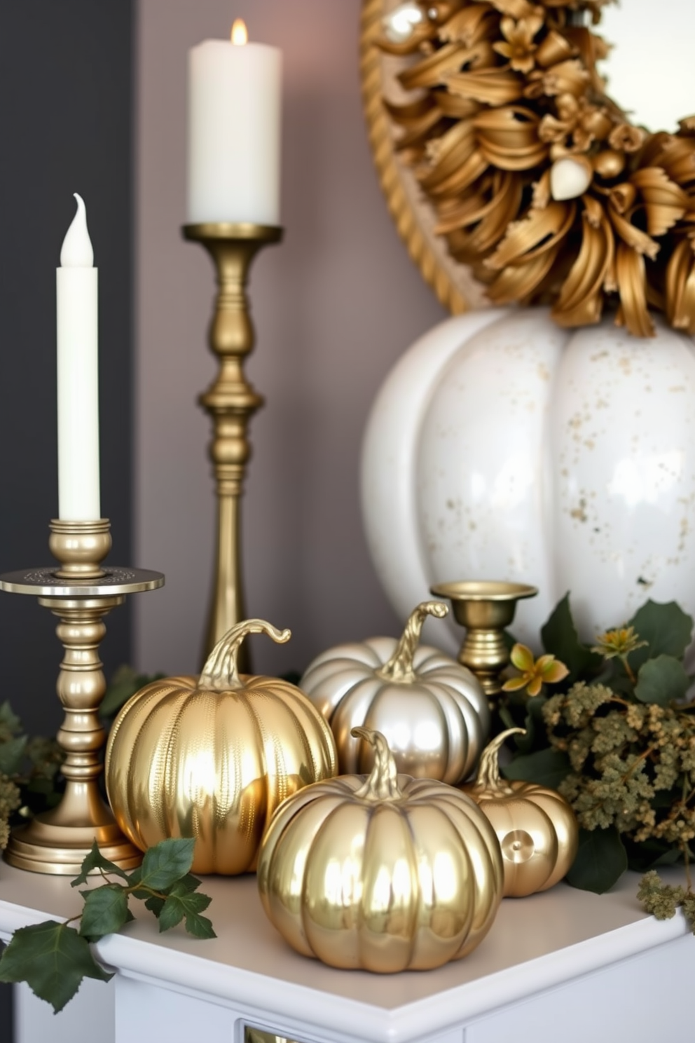 Chic metallic accents adorn a stylish mantel decorated for Halloween. Gleaming gold and silver pumpkins are artfully arranged alongside flickering candle holders and seasonal foliage.