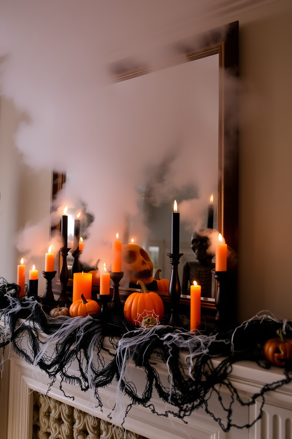 A spooky Halloween mantel adorned with eerie fog rolling from a hidden fog machine. The mantel features a collection of black and orange candles, intertwined with faux cobwebs and small carved pumpkins.