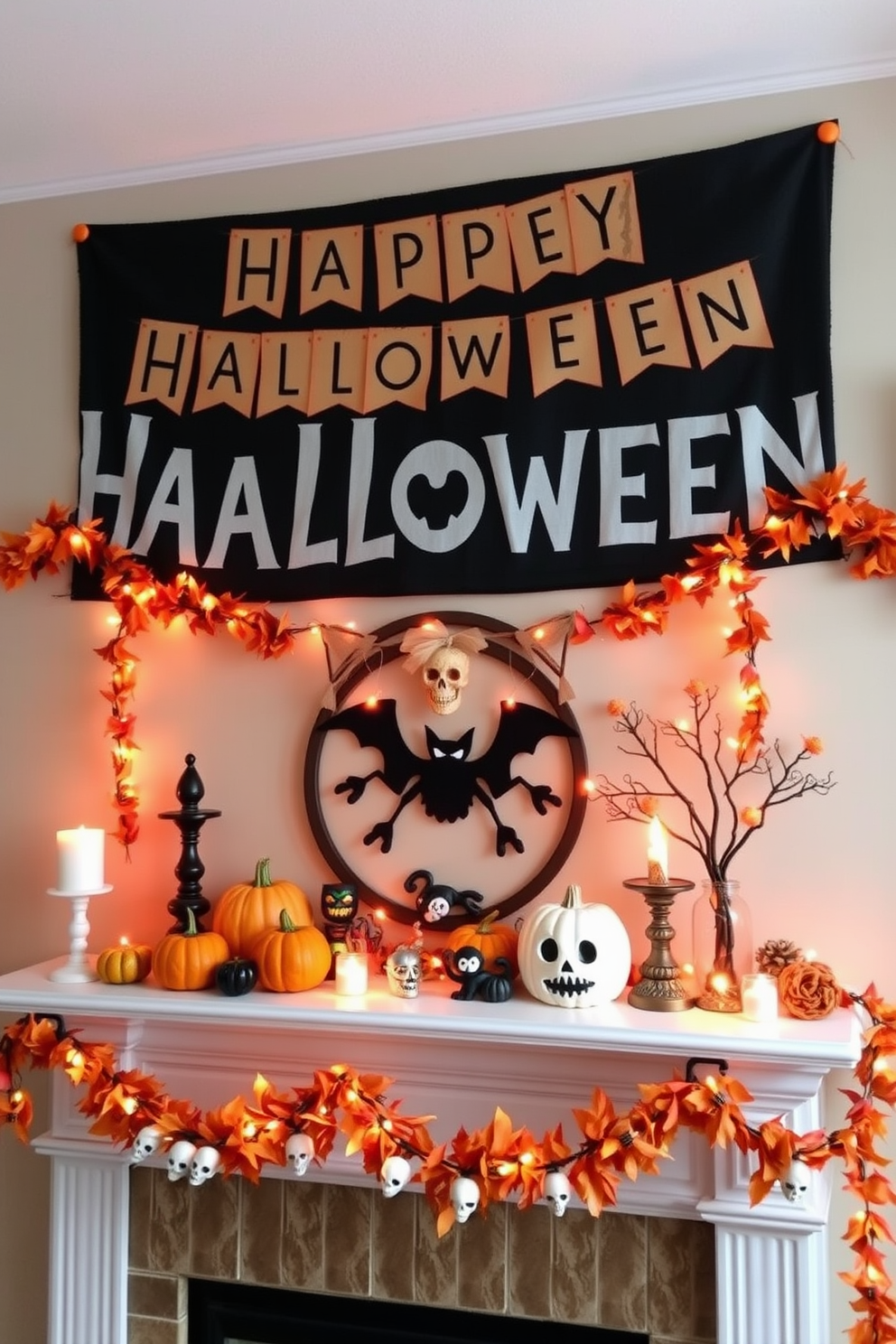 A cozy Halloween mantel adorned with festive banners and garlands. The mantel features a mix of colorful pumpkins, spooky figurines, and twinkling lights to create a warm and inviting atmosphere. Above the mantel, a large banner spells out 