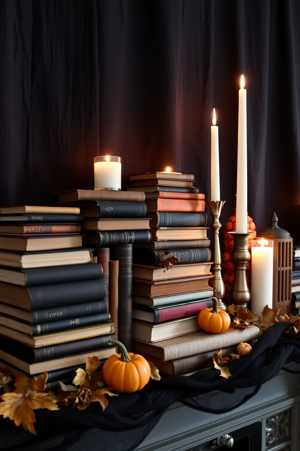 A charming Halloween mantel adorned with an array of vintage books stacked in varying sizes. Softly flickering candles of different heights are placed among the books, casting a warm glow and creating an inviting atmosphere. Dried autumn leaves and small pumpkins are interspersed with the books, adding seasonal flair. The backdrop features a dark, textured fabric that enhances the rich colors of the decorations and sets a cozy mood.