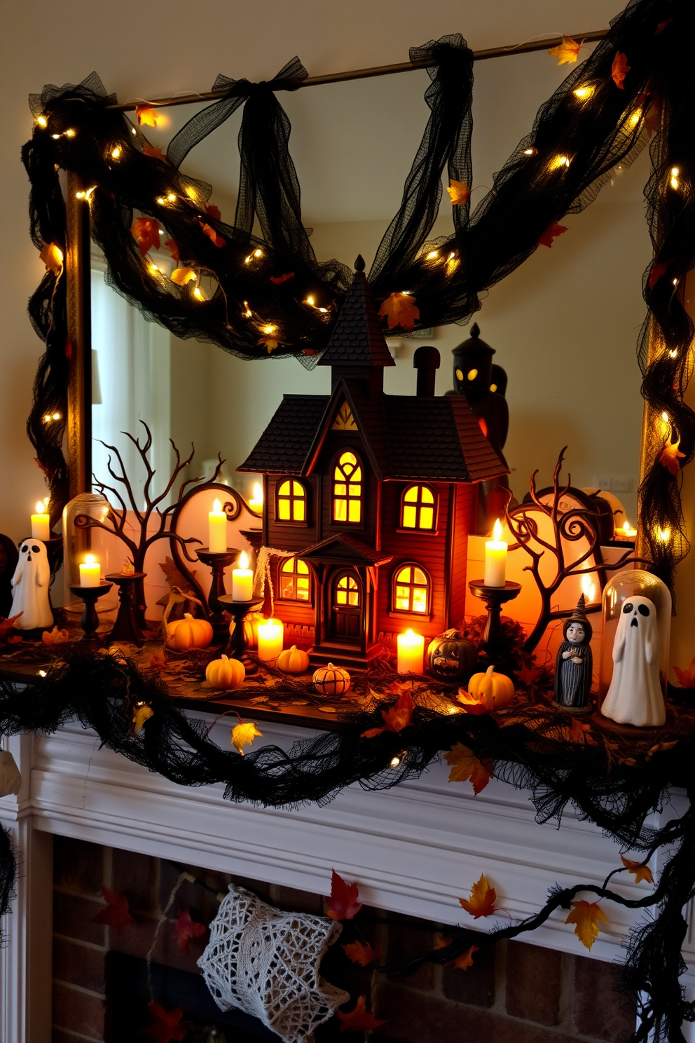 A whimsical miniature haunted house centerpiece sits on the mantel, surrounded by flickering LED candles and small pumpkins. The haunted house features intricate details like ghostly figures and cobwebs, creating an enchanting Halloween atmosphere. Black and orange garlands drape elegantly across the mantel, interspersed with fairy lights for a magical glow. A collection of spooky figurines adds character, while a backdrop of autumn leaves enhances the festive decor.