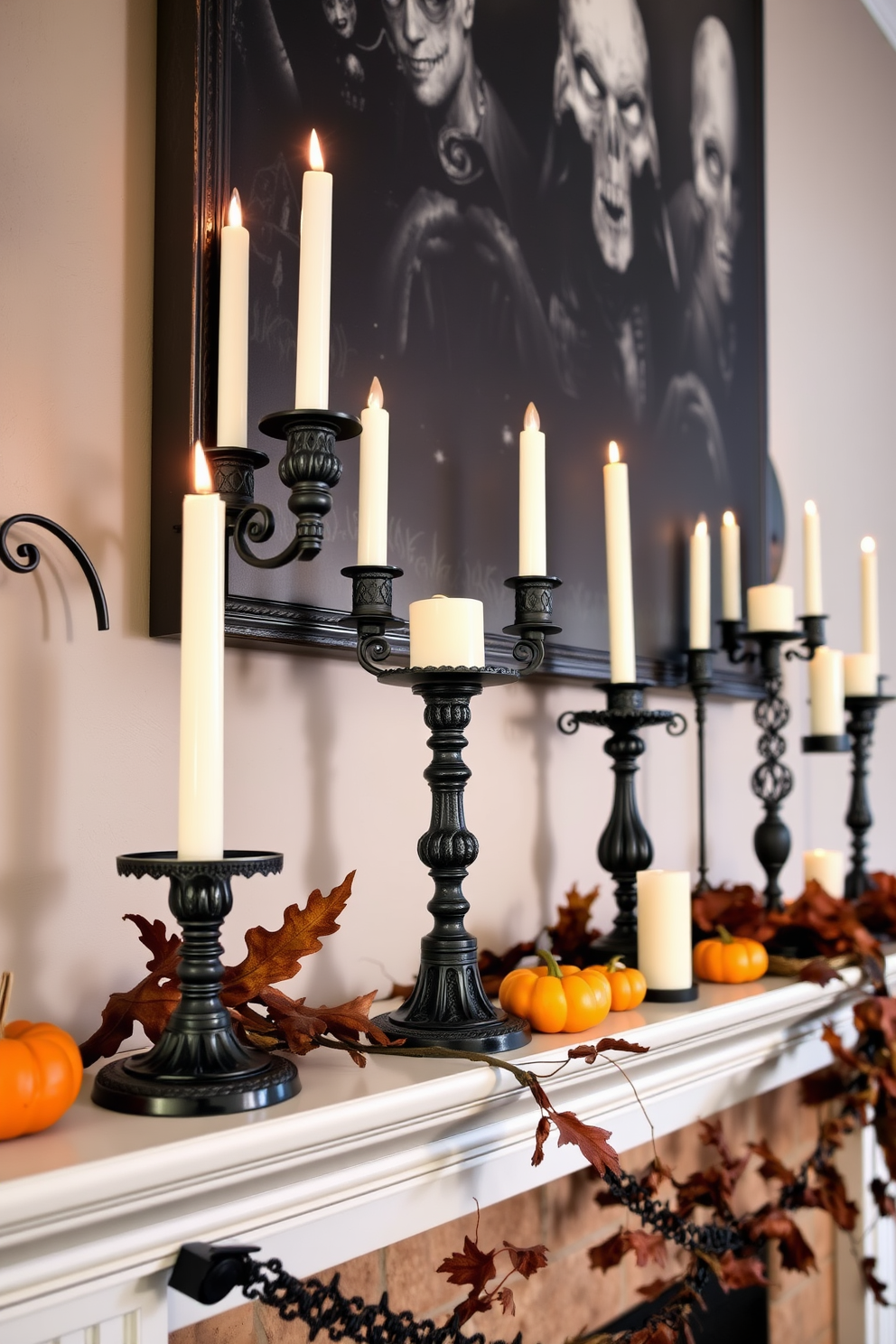 A dramatic mantel adorned with gothic candle holders featuring intricate designs and dark accents. The candle holders are arranged in varying heights, casting flickering shadows across the mantel, while seasonal decorations like miniature pumpkins and dried foliage add a touch of Halloween spirit.