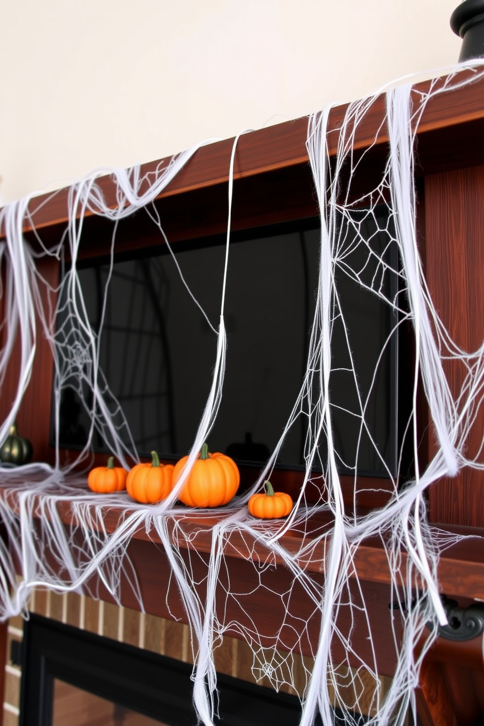 A whimsical Halloween mantel adorned with playful spiderwebs that cascade elegantly across the wooden surface. Small decorative pumpkins in various sizes are nestled among the webbing, adding a pop of orange against the dark backdrop.