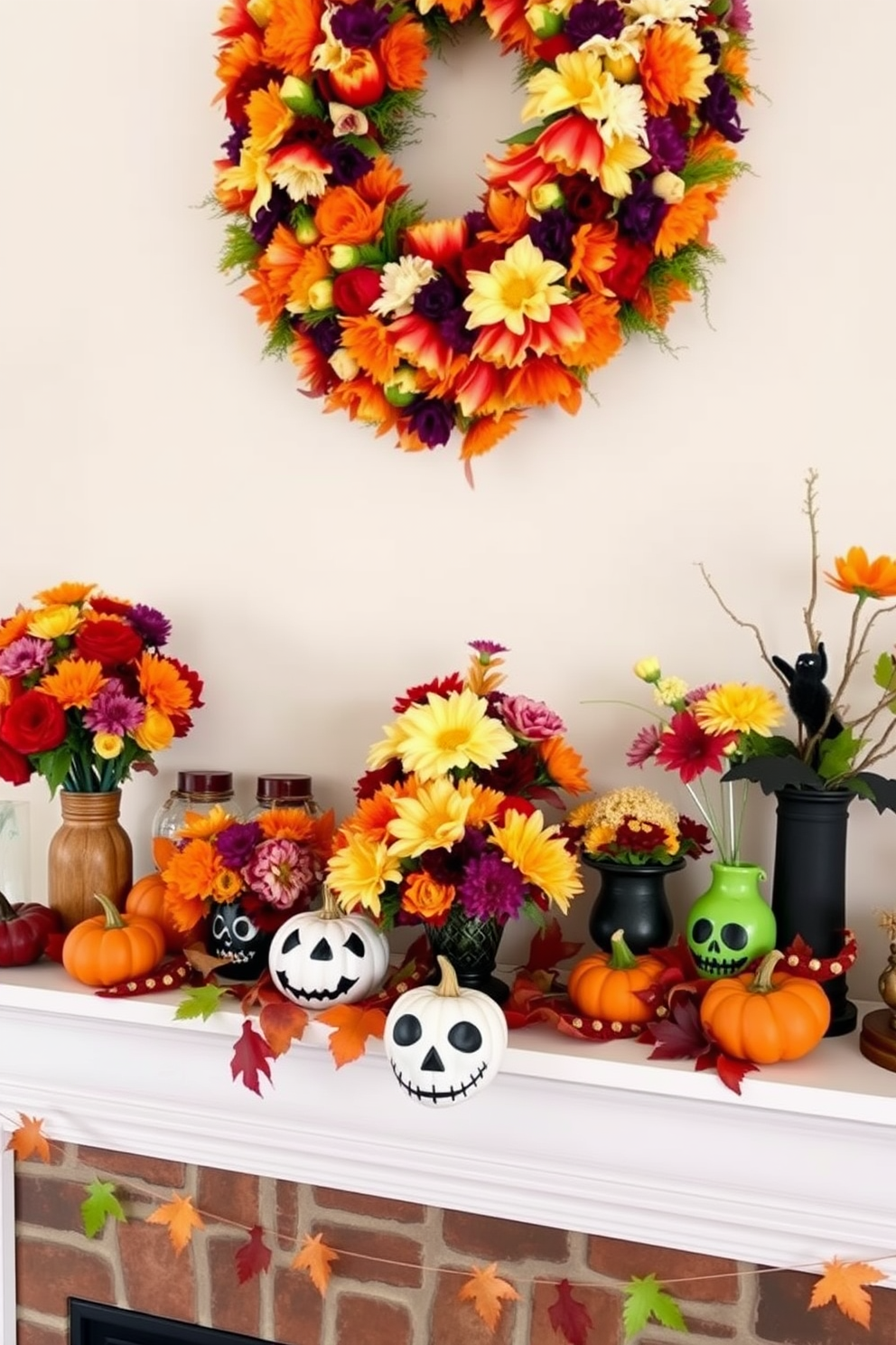 A festive Halloween mantel decorated with an assortment of colorful fall flowers arranged in spooky-themed vases. The mantel features a mix of pumpkins and autumn leaves, creating a vibrant and playful atmosphere.