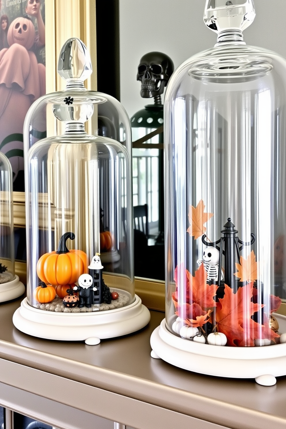 Elegant glass cloches display themed items for Halloween. Each cloche features unique decorations such as miniature pumpkins, spooky figurines, and autumn leaves, creating a festive mantel display.