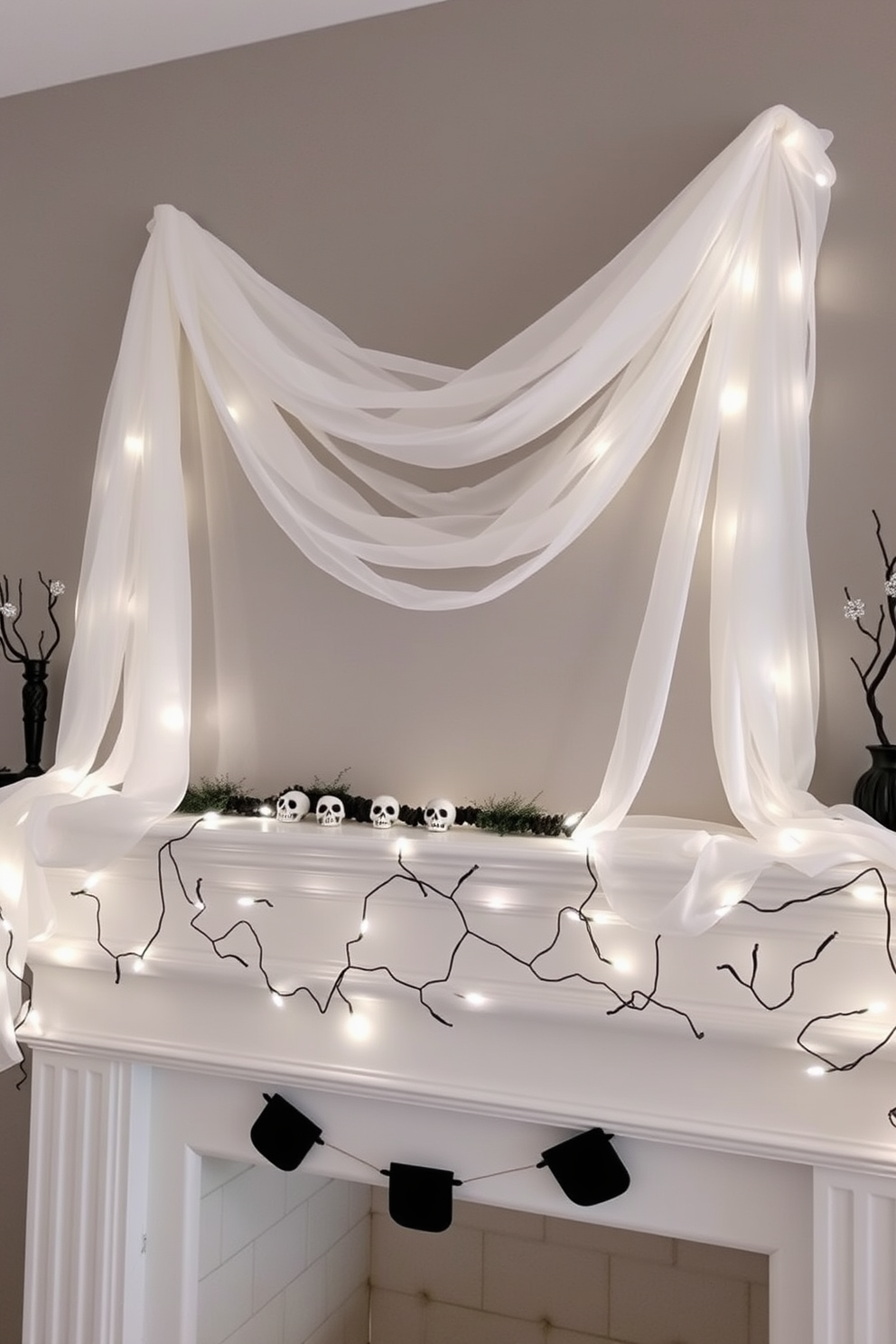 A ghostly white fabric is elegantly draped across the mantel, creating a soft and ethereal effect. Delicate black and silver accents, such as miniature skulls and twinkling fairy lights, enhance the Halloween theme while adding a touch of sophistication.