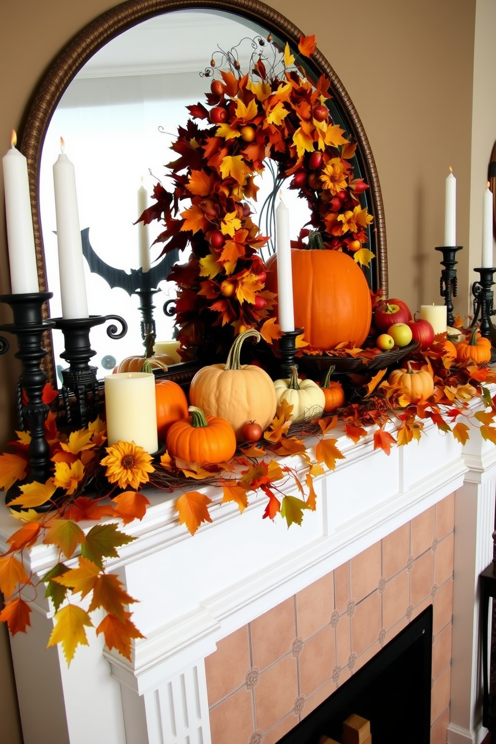 A festive mantel decorated for Halloween features a vibrant arrangement of seasonal fruits including pumpkins, apples, and gourds. The mantel is adorned with autumn leaves and candles, creating a warm and inviting atmosphere.