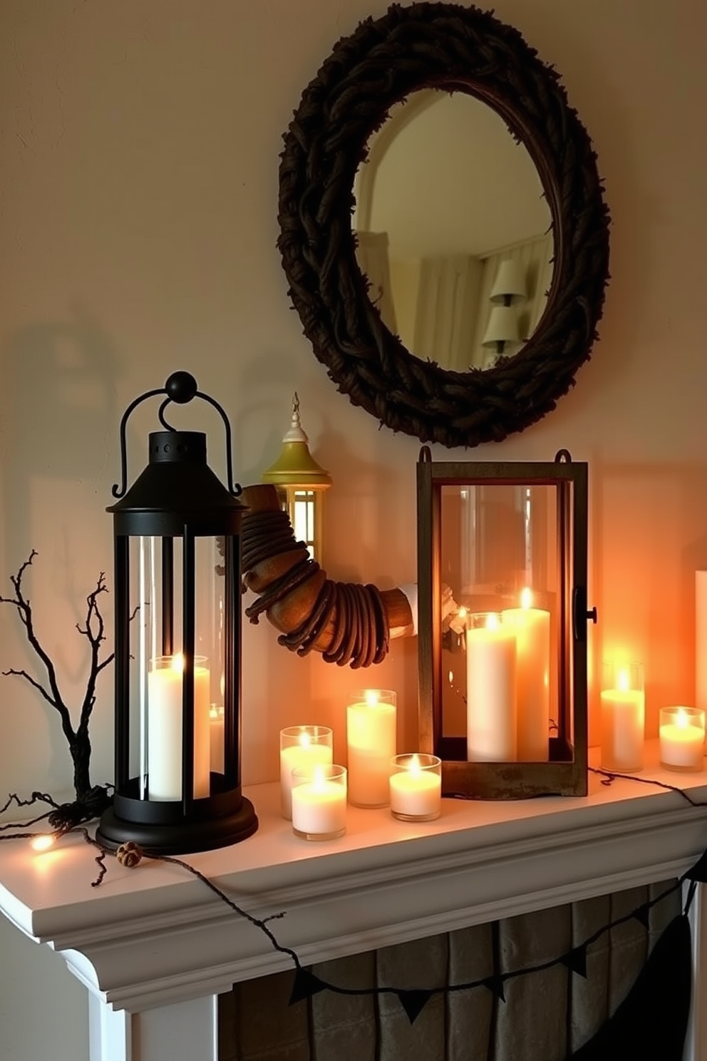 A cozy mantel decorated for Halloween features rustic lanterns filled with flickering candles. The warm glow of the candles casts enchanting shadows, creating a festive and inviting atmosphere.