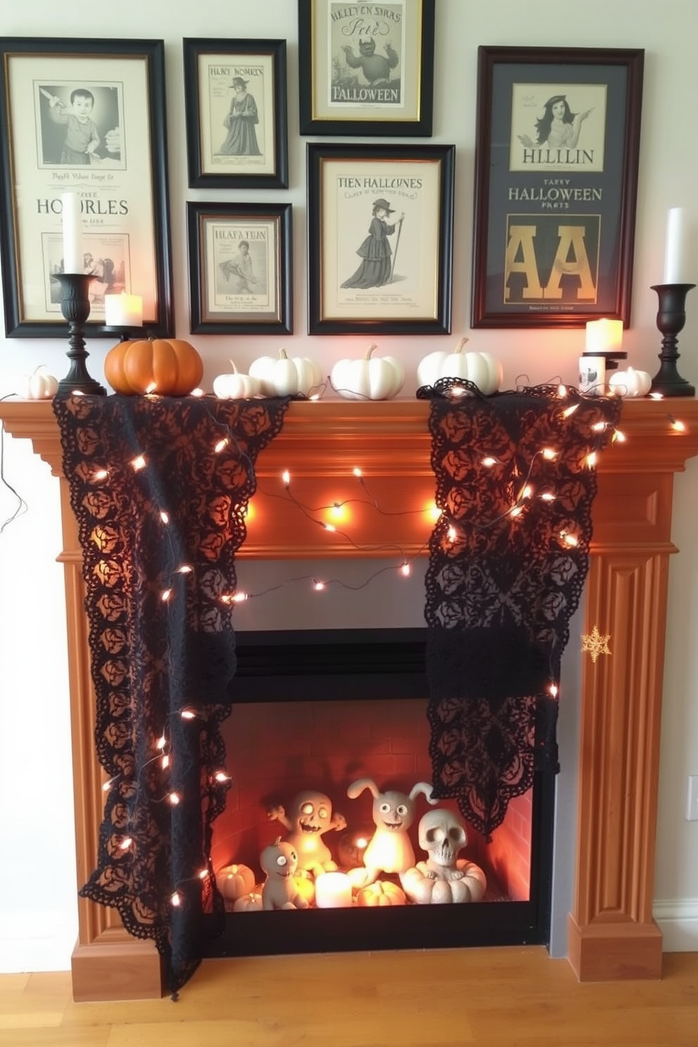 Chic black lace table runners drape elegantly over a polished wooden mantel. The runners are adorned with small white pumpkins and flickering candles, creating a warm and inviting atmosphere for Halloween. Above the mantel, a collection of framed vintage Halloween prints adds a touch of whimsy. Twinkling fairy lights are intertwined with the lace, casting a soft glow that enhances the festive decor.