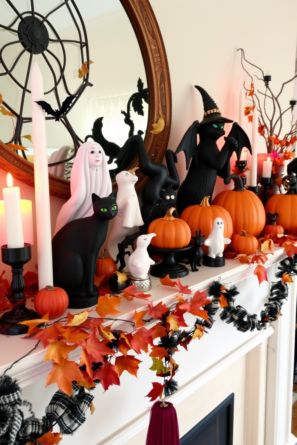 Artful arrangement of Halloween figurines on a mantel. The display features a mix of whimsical and spooky elements, including black cats, pumpkins, and ghosts, all set against a backdrop of autumn leaves and twinkling lights. Incorporate various heights and textures for visual interest. Use a combination of candles, decorative garlands, and seasonal colors to create a festive atmosphere.