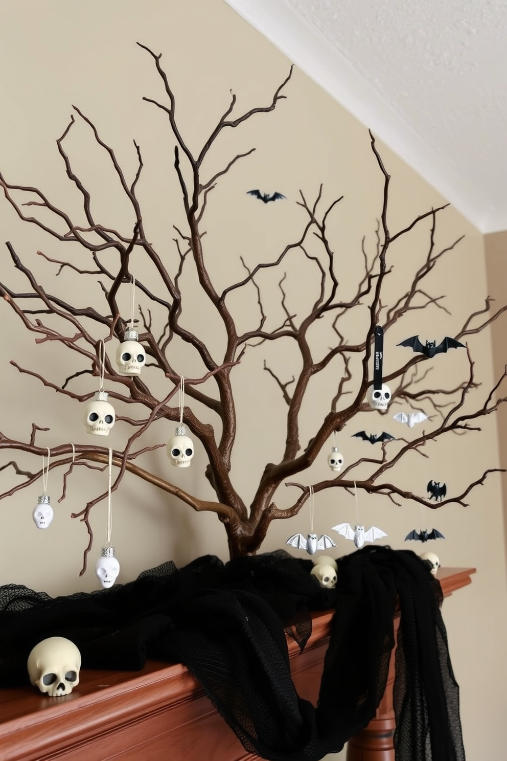 A spooky mantel adorned with twisted tree branches that reach out like skeletal fingers. Hanging from the branches are ghostly ornaments, including miniature skulls and shimmering bats, creating an eerie yet festive atmosphere.