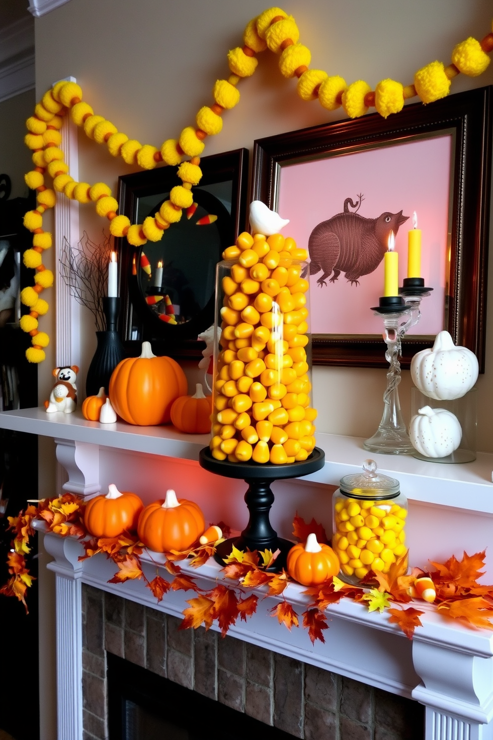 A whimsical mantel display inspired by candy corn for Halloween. The mantel is adorned with vibrant yellow, orange, and white decorations, including candy corn garlands and ceramic pumpkins. On one side, a cluster of glass jars filled with candy corn creates a playful centerpiece. The overall setting is enhanced with flickering candlelight and autumn leaves scattered across the mantel for a festive touch.