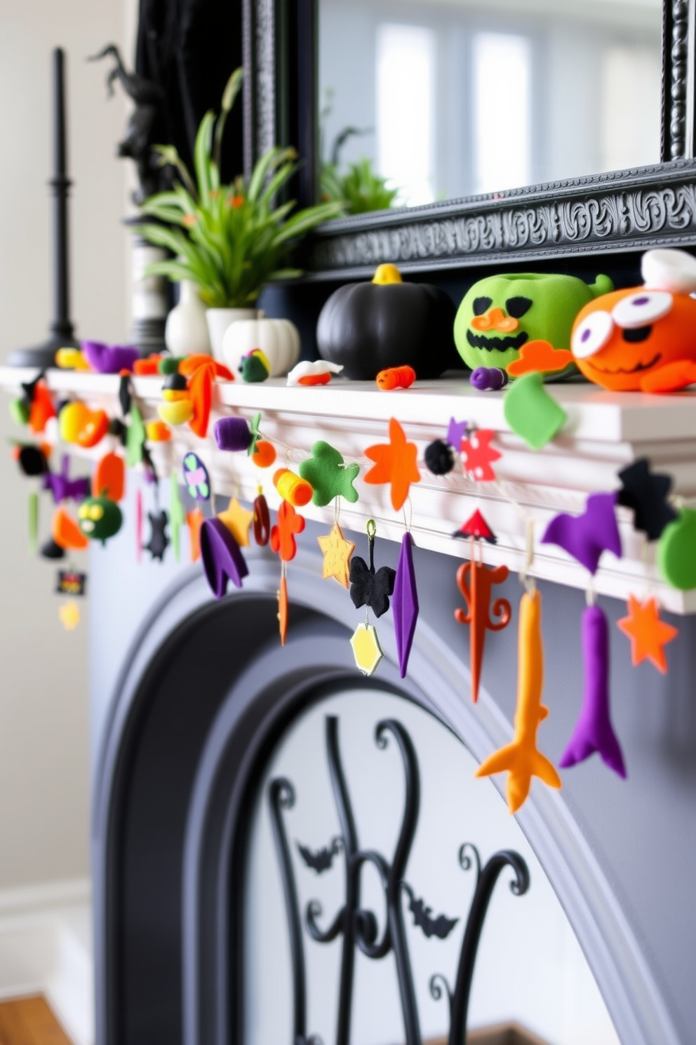 A colorful felt garland drapes elegantly across the mantel, adding a cheerful and playful touch to the Halloween decor. The garland features an assortment of vibrant colors and fun shapes, creating a festive atmosphere that invites creativity and joy.