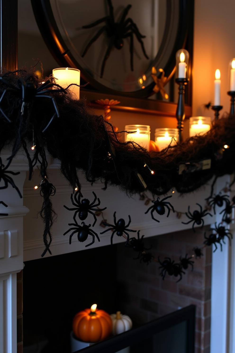 A spooky mantel adorned with a creepy crawly garland featuring realistic black spiders. The garland drapes elegantly across the mantel, complemented by flickering candlelight and small decorative pumpkins.