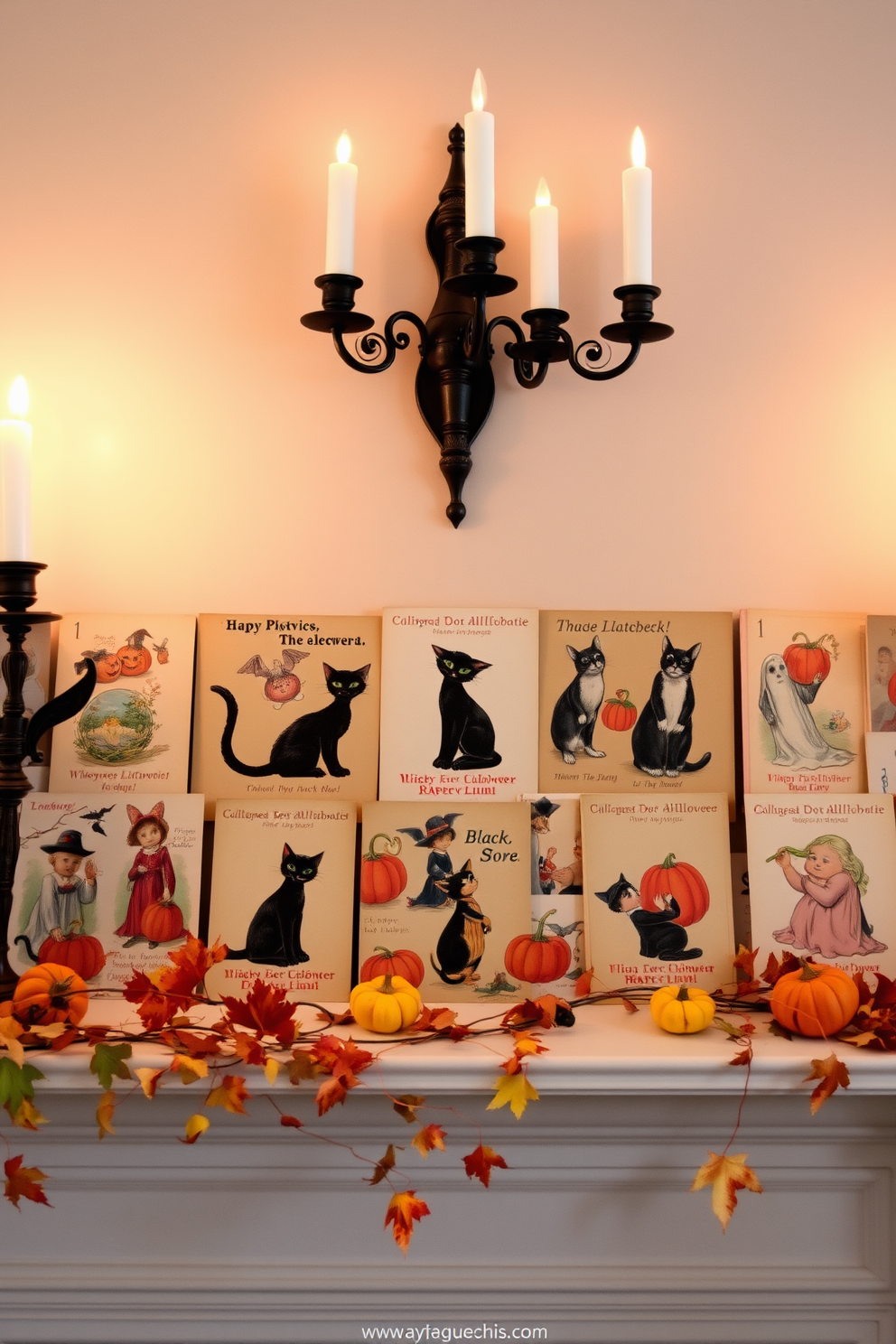 A charming mantel adorned with vintage Halloween postcards creates a nostalgic atmosphere. The postcards feature whimsical illustrations of black cats, pumpkins, and ghosts, arranged in a collage that captures the spirit of the holiday. Above the mantel, a collection of antique candlesticks holds flickering candles, casting a warm glow. Surrounding the postcards, sprigs of autumn leaves and small gourds add a festive touch to the display.