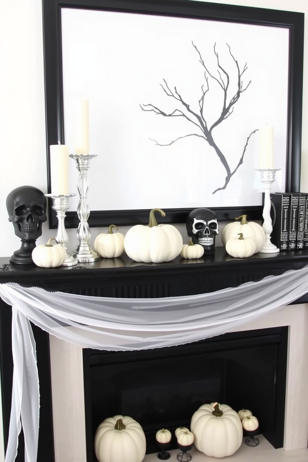 An elegant black and white decor scheme for a Halloween mantel features a sleek black mantelpiece adorned with white pumpkins of various sizes. Delicate black lace drapes gracefully over the edges, complemented by strategically placed candles in ornate white holders. On one side, a striking black and white skull sculpture adds a touch of whimsy, while the other side showcases a collection of vintage books with black and white covers. The backdrop is enhanced with a minimalist black and white artwork that ties the whole look together, creating a sophisticated yet festive atmosphere.