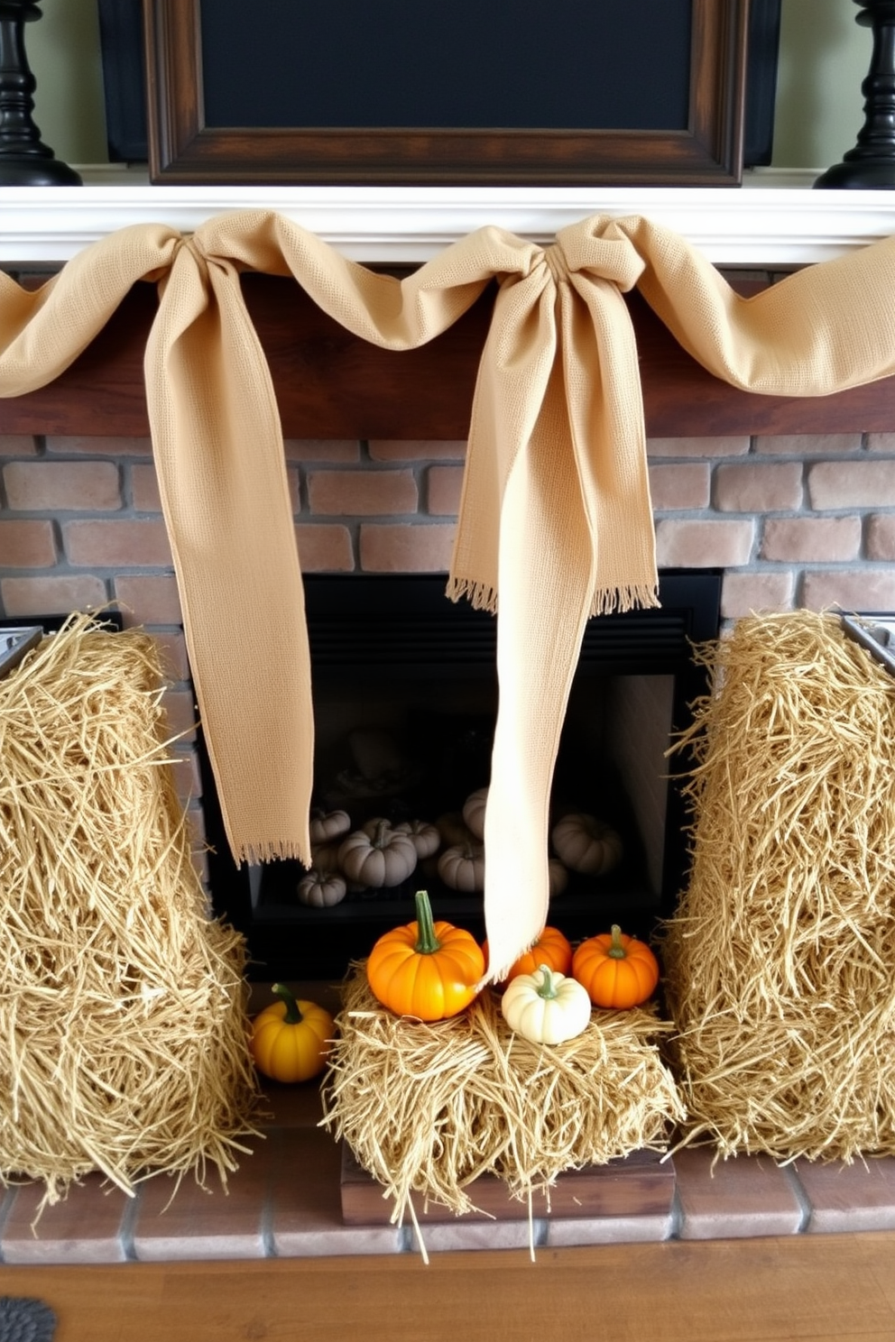 A rustic mantel decorated for Halloween features burlap draped elegantly along the top, creating a warm and inviting atmosphere. Hay bales are artfully arranged on either side, with small pumpkins and gourds nestled among them for a festive touch.