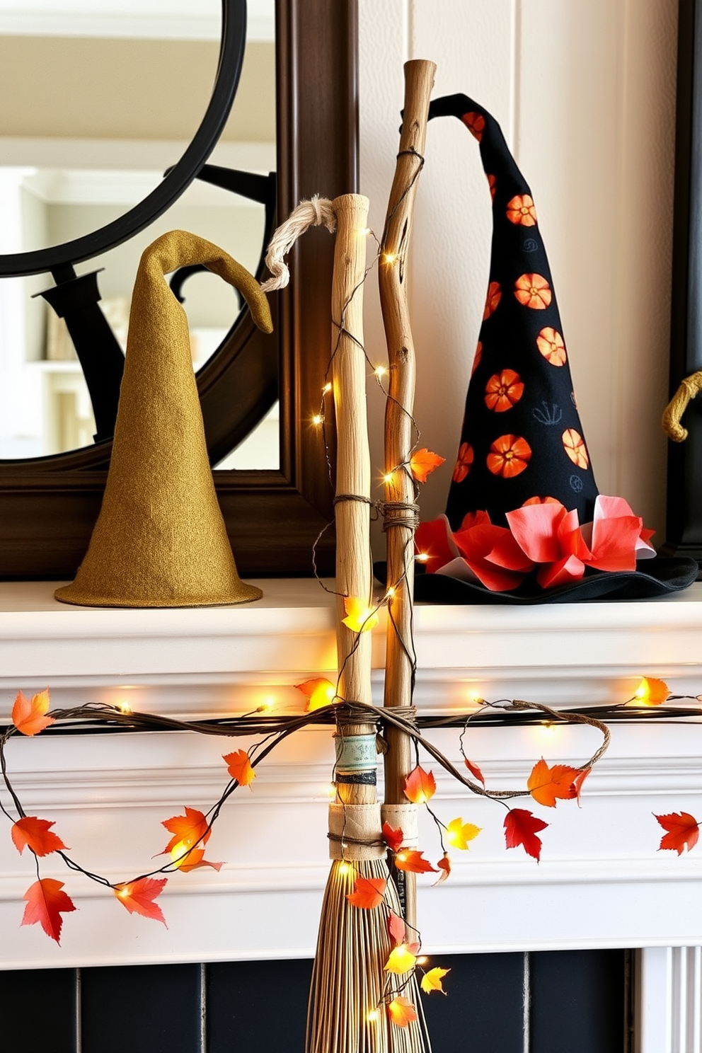 A cozy Halloween mantel decorated with charming witch hats in various sizes, each adorned with whimsical patterns and vibrant colors. Alongside the hats, rustic broomsticks lean against the mantel, embellished with twinkling fairy lights and autumn leaves for a magical touch.