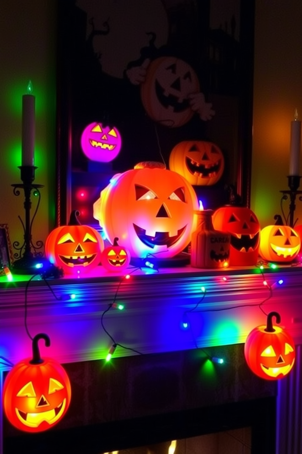 A festive mantel adorned with glowing jack-o-lanterns illuminated by colorful LED lights. The pumpkins vary in size and design, creating a playful yet spooky atmosphere for Halloween.