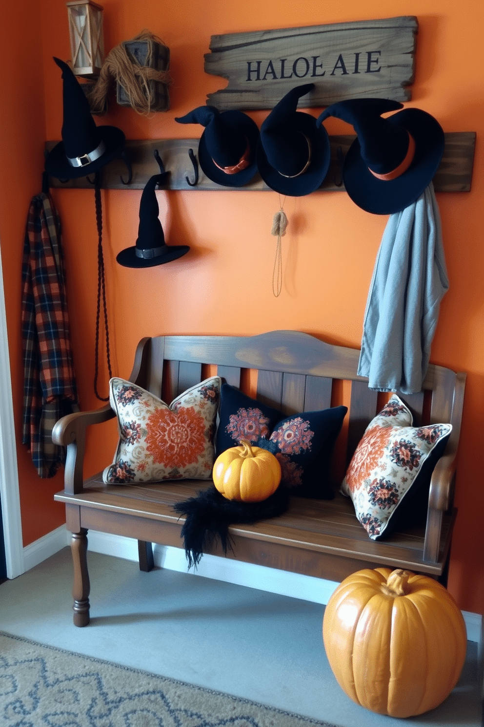 A cozy mudroom decorated for Halloween features witches hats hanging on rustic wooden hooks. The walls are painted in a warm orange hue, and a vintage bench is adorned with seasonal throw pillows and a small pumpkin centerpiece.