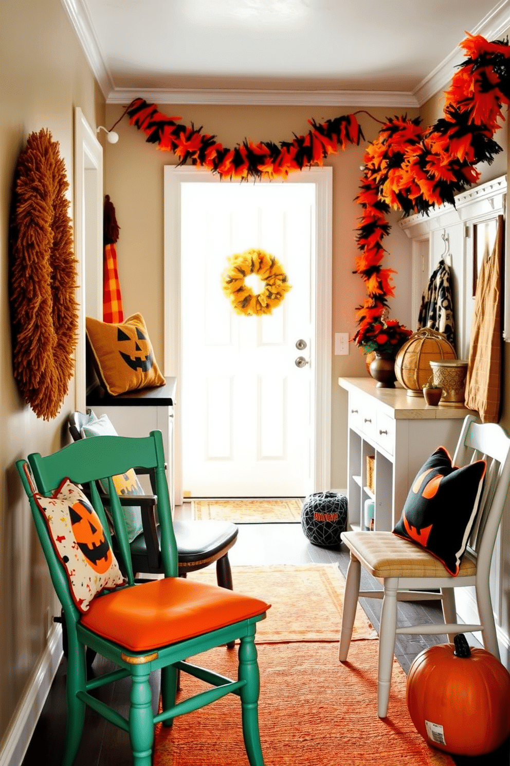 Mismatched chairs with Halloween cushions create a playful and inviting atmosphere. The chairs are adorned with various patterns and colors, adding a whimsical touch to the space. In the mudroom, vibrant Halloween decorations are displayed, including pumpkins and spooky garlands. The overall design combines functionality with festive charm, making it a welcoming entryway for the season.