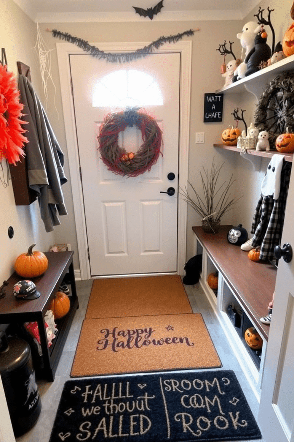 A spooky doormat with a fun saying welcomes guests into a festive mudroom. The space is adorned with playful Halloween decorations, including cobwebs, pumpkins, and ghostly accents.