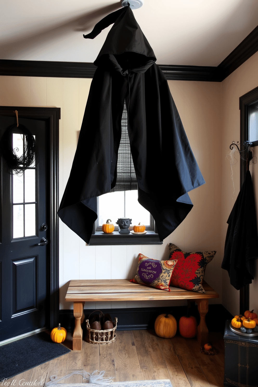 A hanging witch's cape drapes elegantly from the ceiling, creating a whimsical focal point in the room. The cape is made of rich black fabric with subtle silver accents, adding a touch of mystery to the space. The mudroom is adorned with festive Halloween decorations, including pumpkins and cobwebs strategically placed around the area. A rustic bench with colorful cushions provides a cozy spot for guests to sit while putting on their shoes.