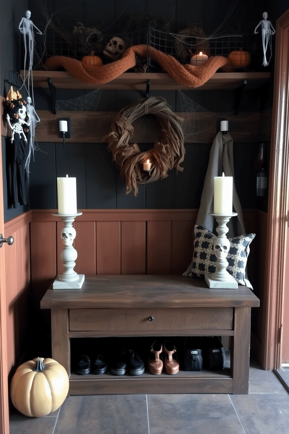 A unique mudroom setting designed for Halloween. The space features candle holders shaped like skulls, adding a spooky touch to the decor. The walls are adorned with dark, rich colors and seasonal decorations like cobwebs and pumpkin accents. A rustic bench with storage underneath provides a practical yet stylish solution for shoes and bags.