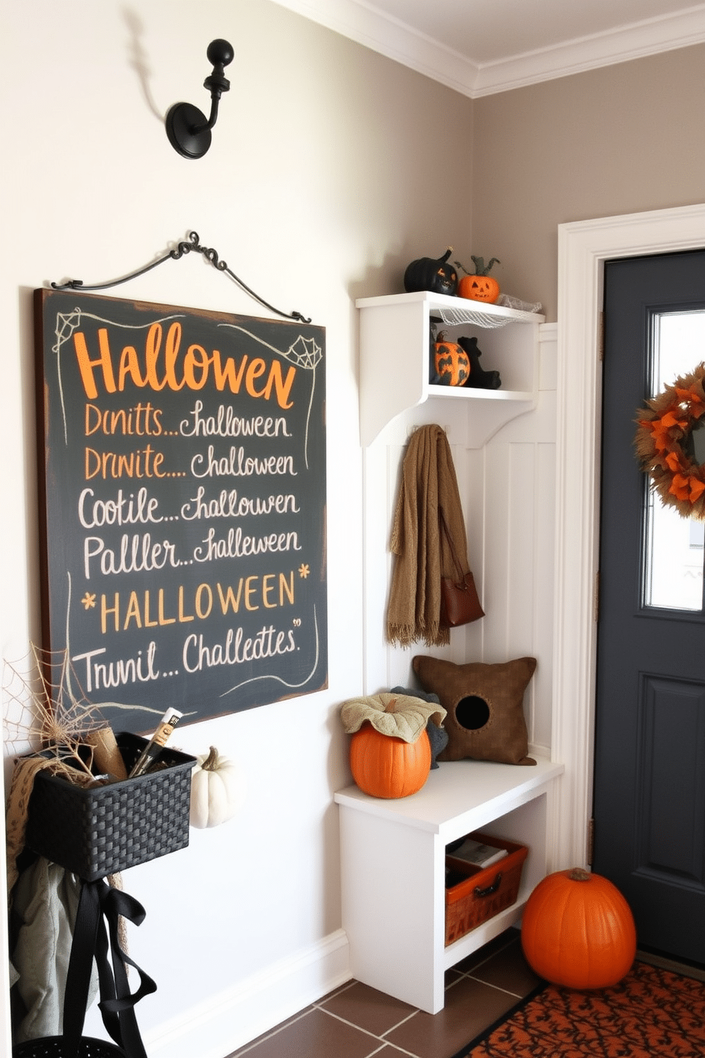 A charming mudroom decorated for Halloween. The walls are adorned with a chalkboard sign featuring whimsical Halloween quotes, surrounded by seasonal decor like pumpkins and spiderwebs.