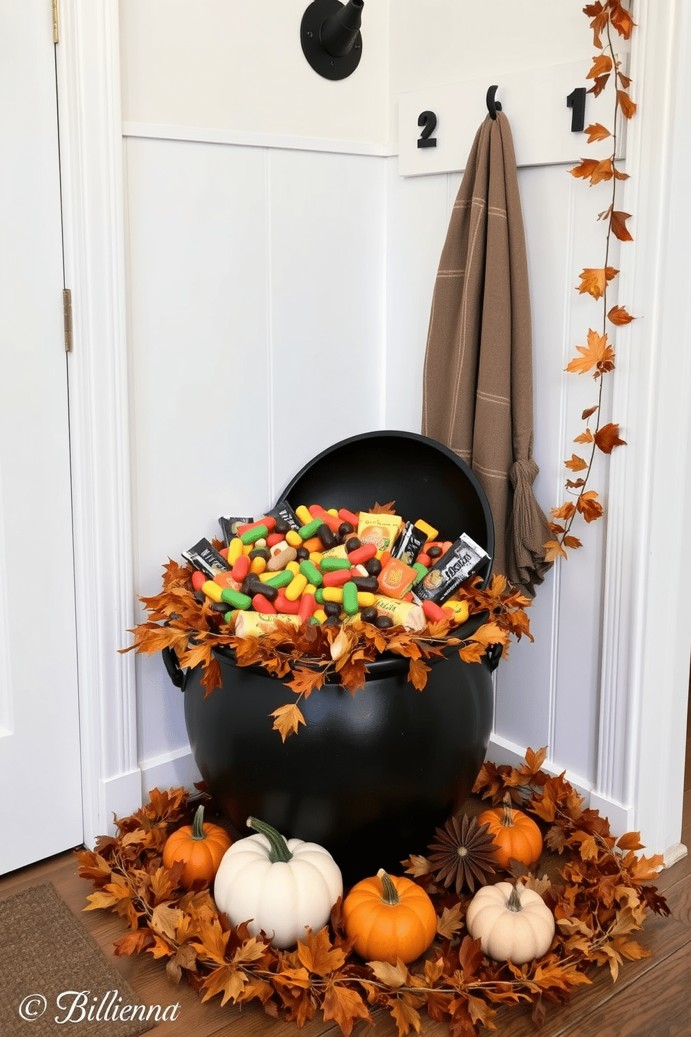 A decorative cauldron filled with an assortment of colorful Halloween treats sits prominently in the mudroom. Surrounding the cauldron are autumn-themed decorations, including small pumpkins and garlands of dried leaves.