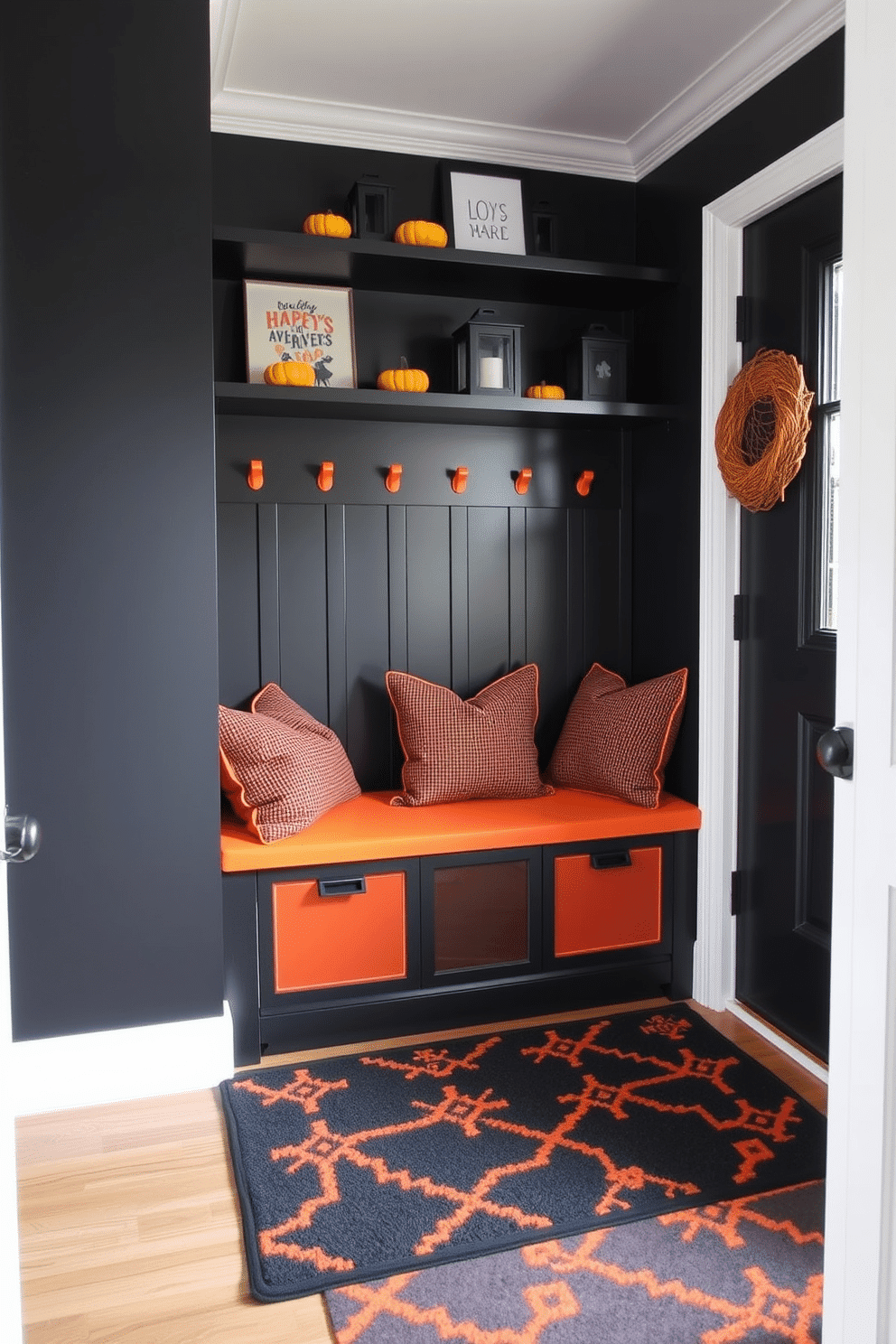 A cozy mudroom featuring a black and orange color scheme. The walls are painted in a deep black, while the accents include orange hooks and a vibrant orange bench with storage underneath. On the floor, a patterned black and orange rug adds warmth and character. Shelves above the bench are adorned with seasonal decorations like small pumpkins and spooky lanterns.