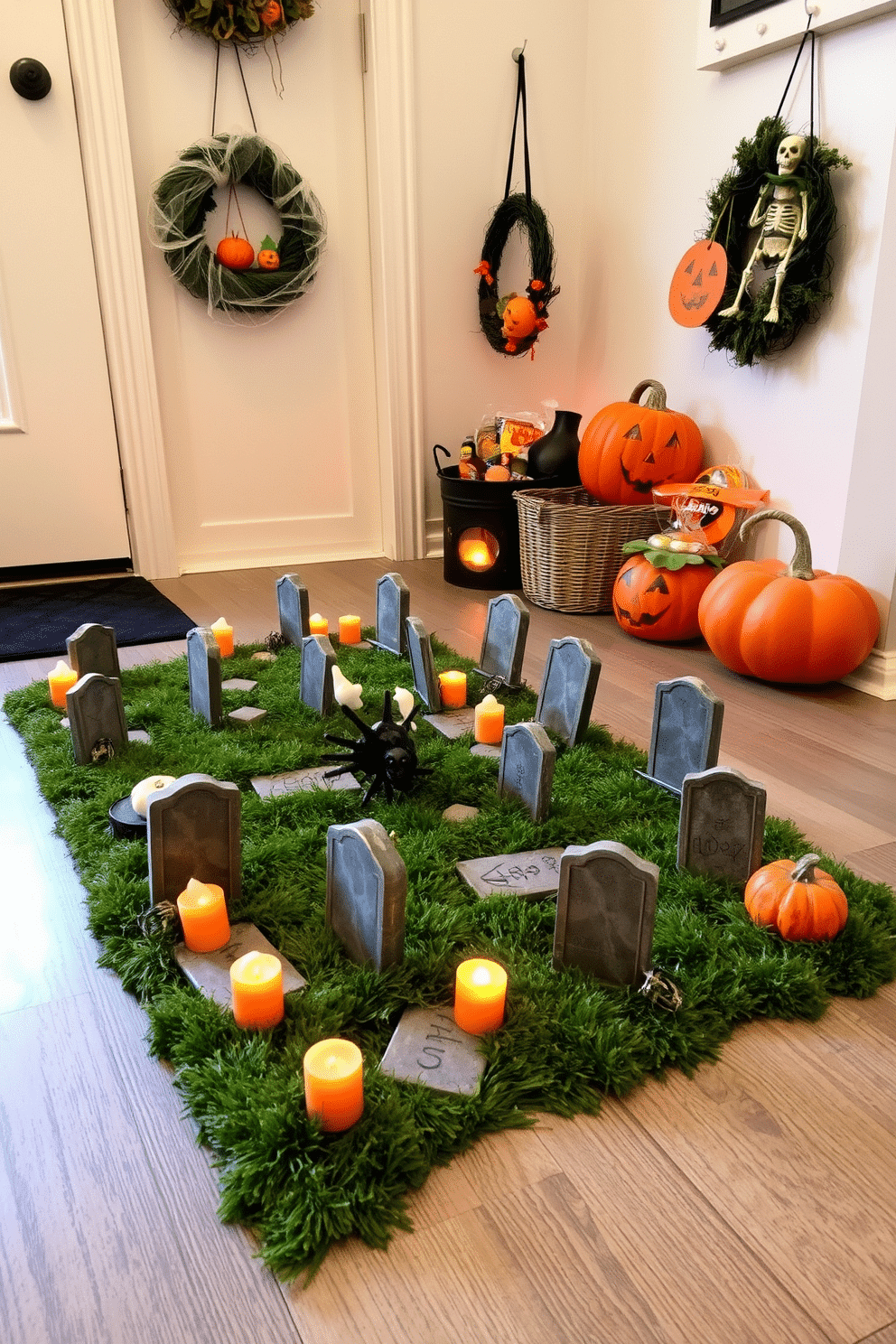 A miniature graveyard scene on the floor features small tombstones made of weathered stone scattered among patches of faux grass. Tiny skeletons and ghosts peek out from behind the gravestones, while flickering LED candles cast an eerie glow over the entire setup. The Halloween mudroom is decorated with a playful mix of orange and black accents. Wreaths made of faux cobwebs hang on the door, and a collection of pumpkin-shaped baskets holds seasonal accessories and treats.