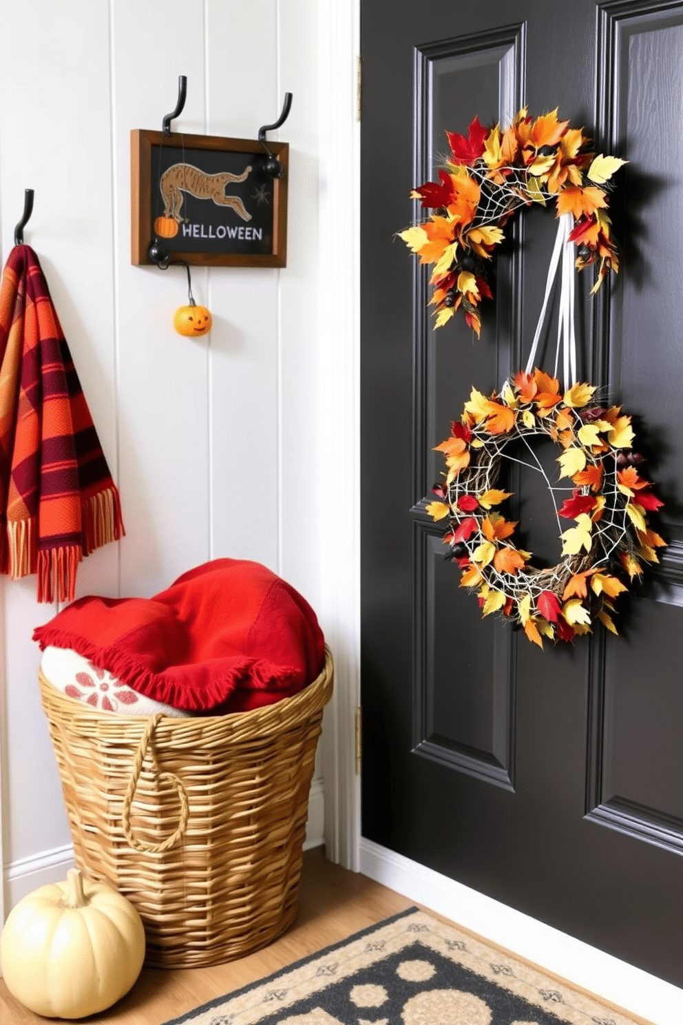 A cozy mudroom features a woven basket filled with seasonal throw blankets in rich autumn hues. The walls are adorned with rustic hooks for hanging jackets, and a small bench provides a comfortable spot to sit while putting on shoes. For Halloween, the mudroom is decorated with playful touches like miniature pumpkins and spooky-themed artwork. A festive wreath made of colorful leaves and faux spider webs hangs on the door, welcoming guests with seasonal charm.