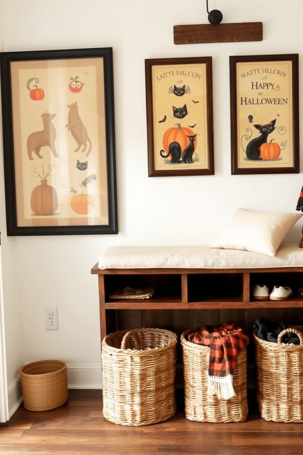 Framed vintage Halloween art prints adorn the walls of a cozy mudroom. The prints showcase whimsical designs featuring pumpkins, ghosts, and black cats, creating a festive atmosphere. The mudroom features a rustic wooden bench with a soft cushion, perfect for putting on shoes. Beneath the bench, woven baskets provide stylish storage for hats and scarves, enhancing the room's charm.