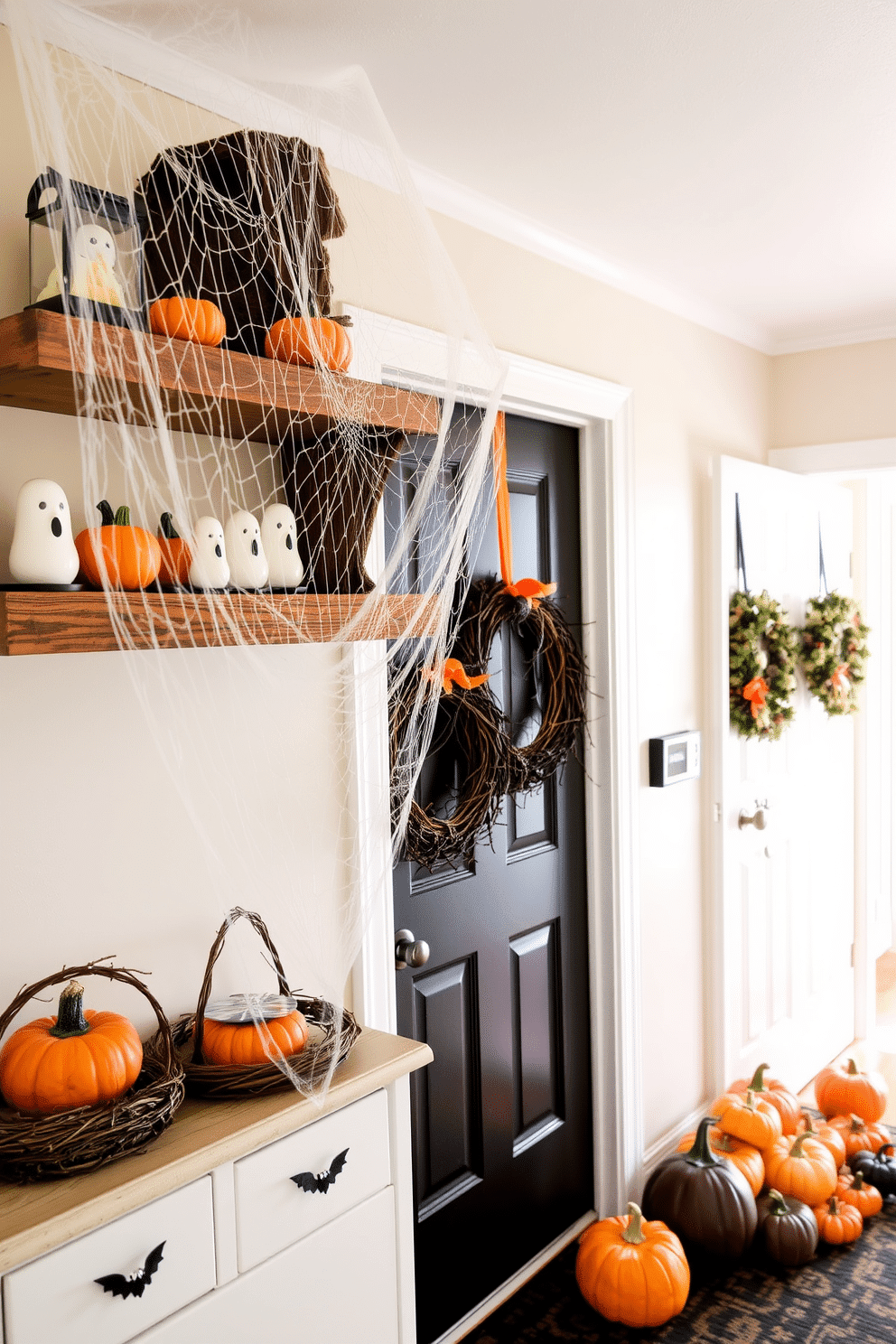 A spooky scene featuring a creepy spider web draped across rustic wooden shelves. The shelves are adorned with various Halloween decorations, including miniature pumpkins and ghost figurines. A cozy mudroom decorated for Halloween with orange and black accents. Wreaths made of twigs and faux spider webs hang on the door, while a collection of colorful pumpkins lines the entryway.