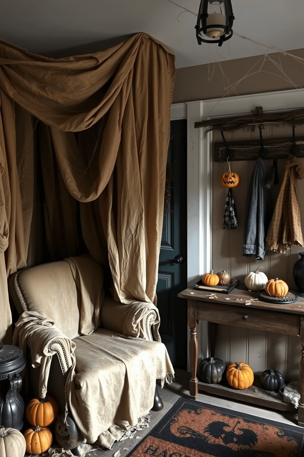 Creepy cloth draping over furniture creates an eerie atmosphere perfect for Halloween. The fabric is tattered and stained, hanging loosely over a vintage armchair and an old wooden table, casting unsettling shadows in the dim light. The Halloween mudroom is adorned with rustic decorations and seasonal colors. A collection of pumpkins in various sizes sits by the door, while spider webs stretch across the coat hooks and a welcome mat features a spooky design.