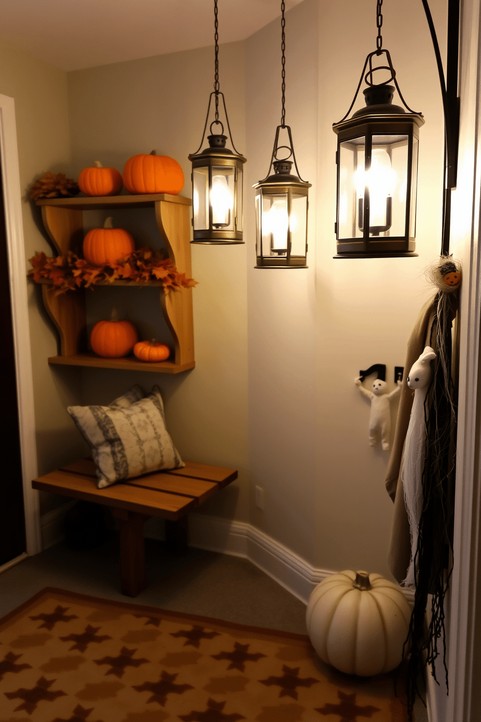 Hanging lanterns with flickering lights create a warm and inviting atmosphere in the entryway. The soft glow from the lanterns highlights the rustic wooden bench and the patterned area rug beneath it. Halloween mudroom decorating ideas include a playful arrangement of pumpkins and autumn leaves on the shelves. Spooky decorations like ghostly figures and cobwebs can be draped around the coat hooks for a festive touch.